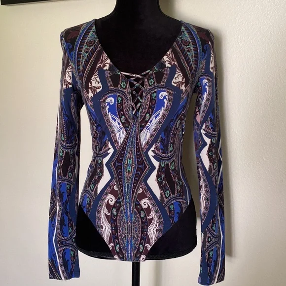 Free People Blue Paisley lace up bodysuit - Picture 11 of 12